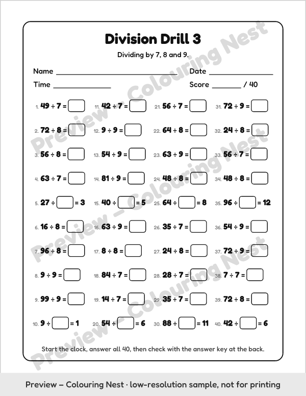 Sample page: a division drill dividing by 7, 8 and 9