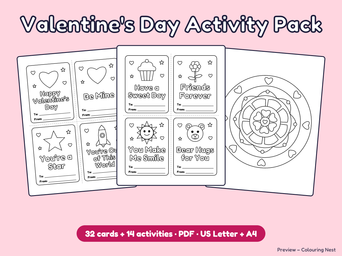 Valentine's Day Activity Pack cover with coloring cards and a word search