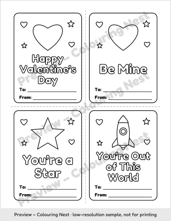 Sample page: four Valentine coloring cards with To and From lines