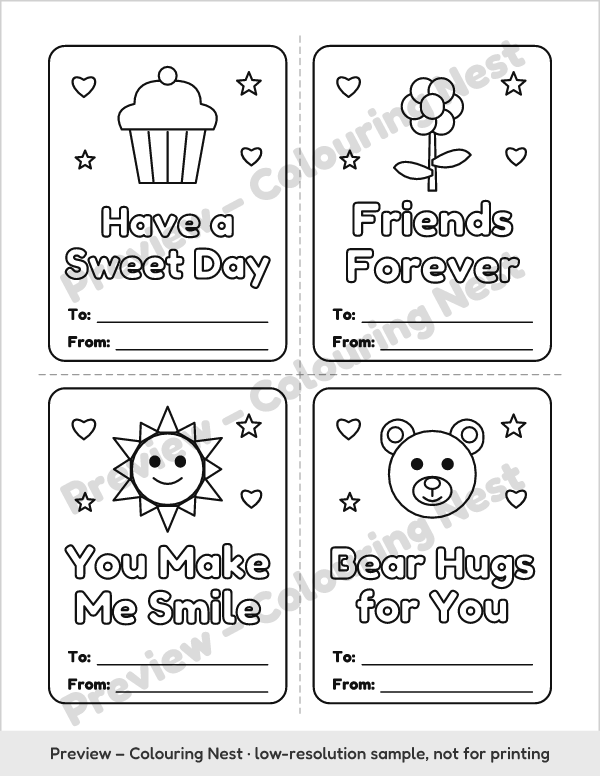 Sample page: four more Valentine coloring cards
