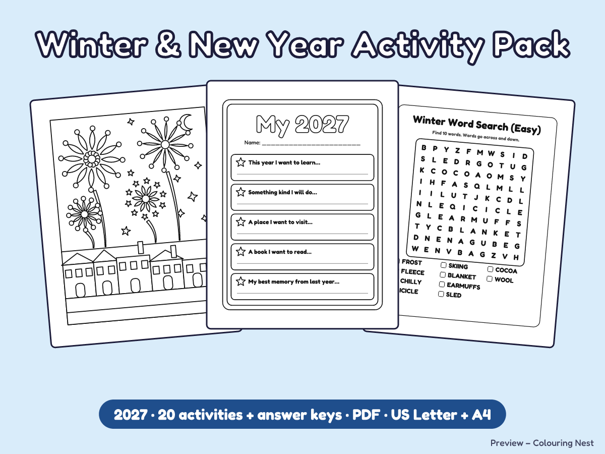 Winter & New Year Activity Pack cover with a fireworks page, a goals sheet and a word search