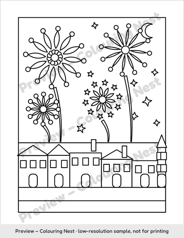 Sample page: fireworks over a town to color