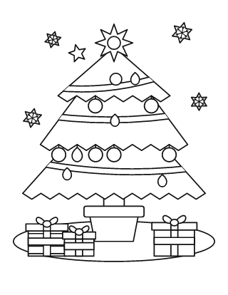 Árbol de Navidad para colorear n.º 1, con adornos, estrella y 3 regalos