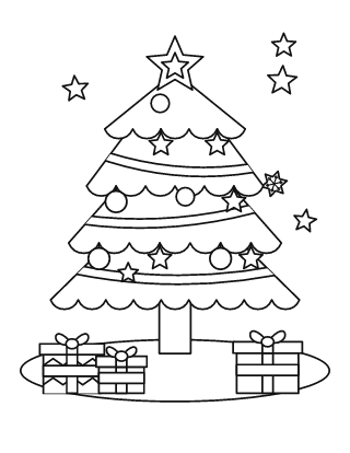 Árbol de Navidad para colorear n.º 2, con adornos, estrella y 3 regalos