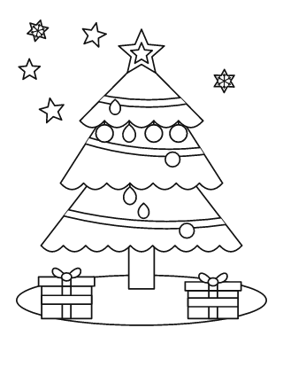 Árbol de Navidad para colorear n.º 3, con adornos, estrella y 2 regalos
