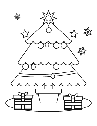 Árbol de Navidad para colorear n.º 4, con adornos, estrella y 2 regalos