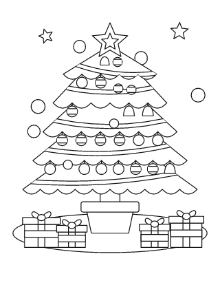Árbol de Navidad para colorear n.º 5, con adornos, estrella y 4 regalos