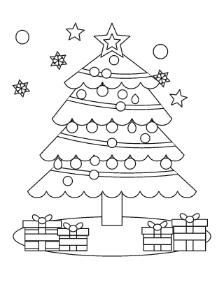 Árbol de Navidad para colorear n.º 6, con adornos, estrella y 4 regalos