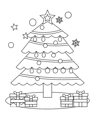 Árbol de Navidad para colorear n.º 7, con adornos, estrella y 4 regalos
