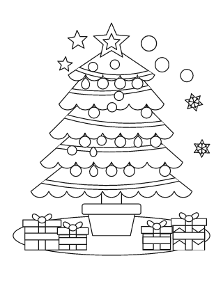 Árbol de Navidad para colorear n.º 8, con adornos, estrella y 4 regalos