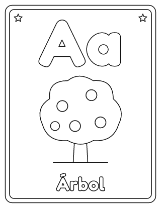 Letra A para colorear: A mayúscula, a minúscula y un árbol