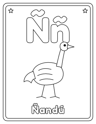 Letra Ñ para colorear: Ñ mayúscula, ñ minúscula y un ñandú