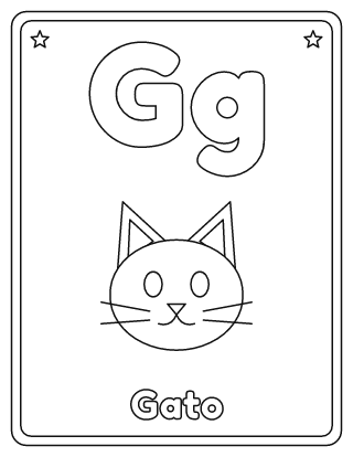 Letra G para colorear: G mayúscula, g minúscula y un gato