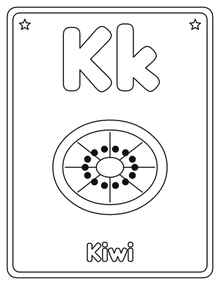 Letra K para colorear: K mayúscula, k minúscula y un kiwi