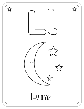 Letra L para colorear: L mayúscula, l minúscula y una luna
