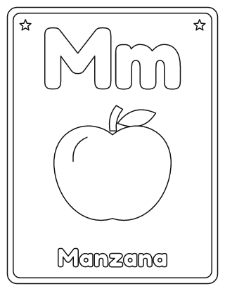 Letra M para colorear: M mayúscula, m minúscula y una manzana