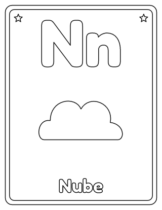 Letra N para colorear: N mayúscula, n minúscula y una nube
