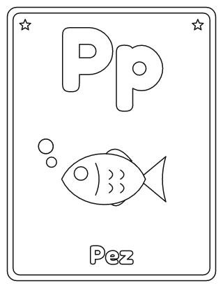 Letra P para colorear: P mayúscula, p minúscula y un pez