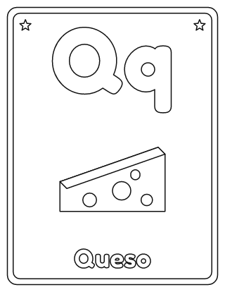 Letra Q para colorear: Q mayúscula, q minúscula y un queso