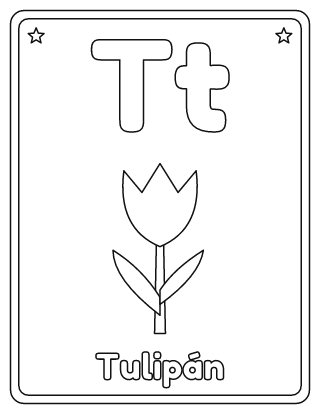 Letra T para colorear: T mayúscula, t minúscula y un tulipán