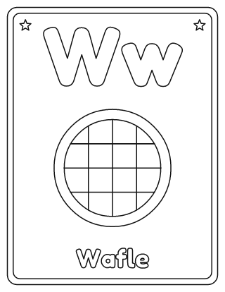 Letra W para colorear: W mayúscula, w minúscula y un wafle