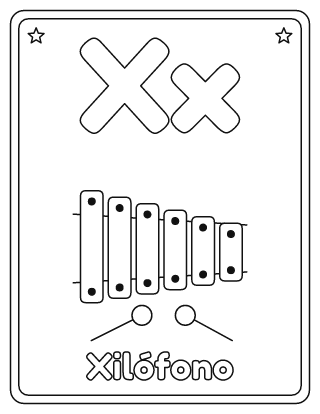 Letra X para colorear: X mayúscula, x minúscula y un xilófono