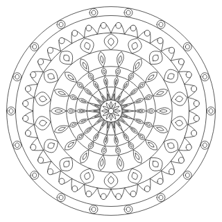 Mandala difícil n.º 1 para colorear: diseño circular que se repite 18 veces, con 7 anillos