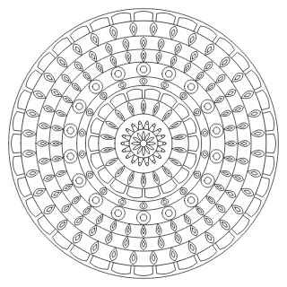 Mandala difícil n.º 2 para colorear: diseño circular que se repite 18 veces, con 9 anillos
