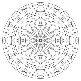 Mandala difícil n.º 7 para colorear: diseño circular que se repite 20 veces, con 8 anillos