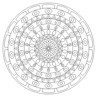 Mandala difícil n.º 8 para colorear: diseño circular que se repite 18 veces, con 8 anillos