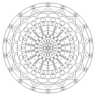 Mandala difícil n.º 9 para colorear: diseño circular que se repite 18 veces, con 9 anillos