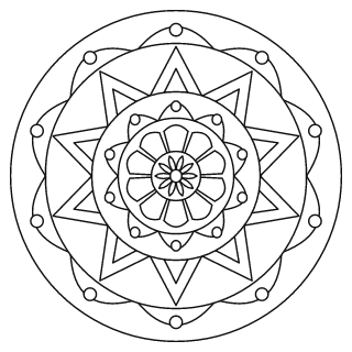 Mandala fácil n.º 10 para colorear: diseño circular que se repite 10 veces, con 4 anillos