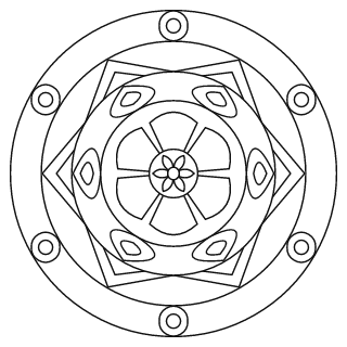 Mandala fácil n.º 3 para colorear: diseño circular que se repite 6 veces, con 4 anillos