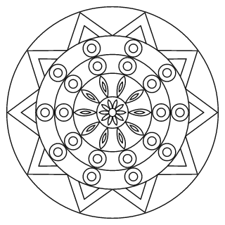 Mandala fácil n.º 4 para colorear: diseño circular que se repite 10 veces, con 4 anillos