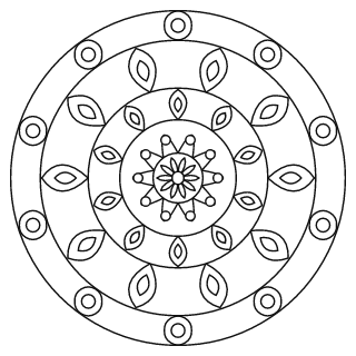 Mandala fácil n.º 5 para colorear: diseño circular que se repite 10 veces, con 4 anillos