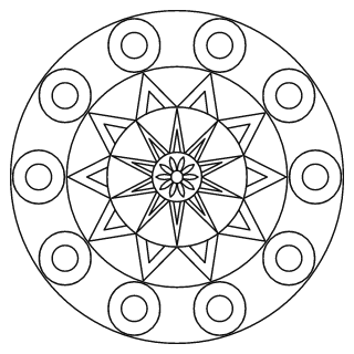 Mandala fácil n.º 7 para colorear: diseño circular que se repite 10 veces, con 3 anillos