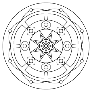 Mandala fácil n.º 9 para colorear: diseño circular que se repite 8 veces, con 4 anillos