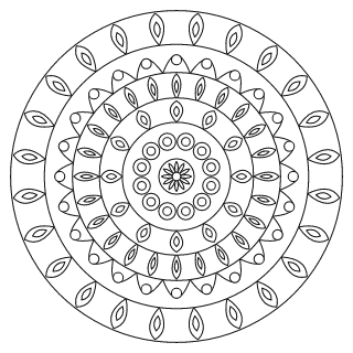 Mandala intermedio n.º 1 para colorear: diseño circular que se repite 12 veces, con 5 anillos