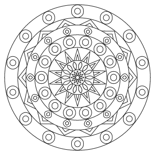Mandala intermedio n.º 10 para colorear: diseño circular que se repite 14 veces, con 6 anillos
