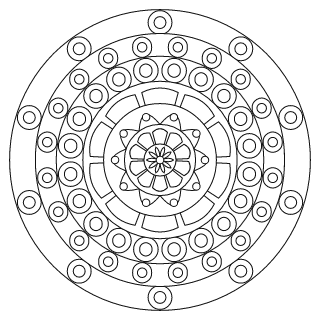 Mandala intermedio n.º 3 para colorear: diseño circular que se repite 10 veces, con 6 anillos