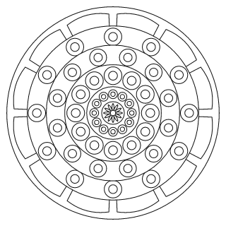Mandala intermedio n.º 4 para colorear: diseño circular que se repite 12 veces, con 5 anillos