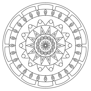 Mandala intermedio n.º 6 para colorear: diseño circular que se repite 14 veces, con 5 anillos