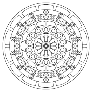 Mandala intermedio n.º 7 para colorear: diseño circular que se repite 14 veces, con 6 anillos