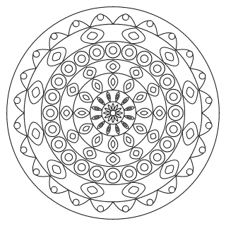 Mandala intermedio n.º 8 para colorear: diseño circular que se repite 12 veces, con 6 anillos