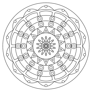 Mandala intermedio n.º 9 para colorear: diseño circular que se repite 14 veces, con 6 anillos