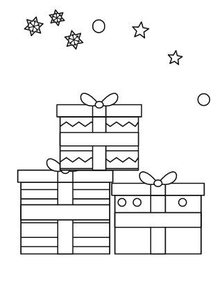 Pila de tres regalos de Navidad con lazos, para colorear