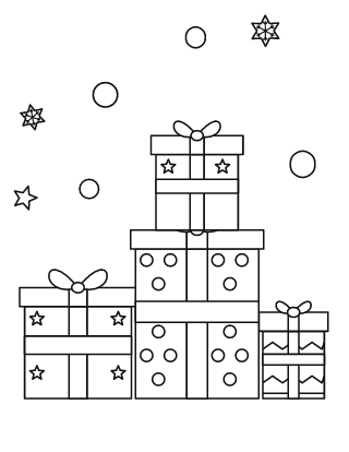 Pila de cuatro regalos de Navidad con lazos, para colorear