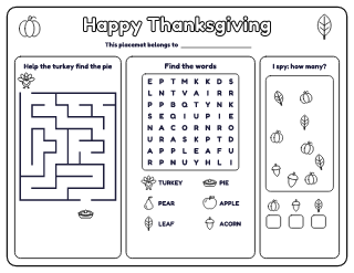 Thanksgiving Activity Placemat printable worksheet