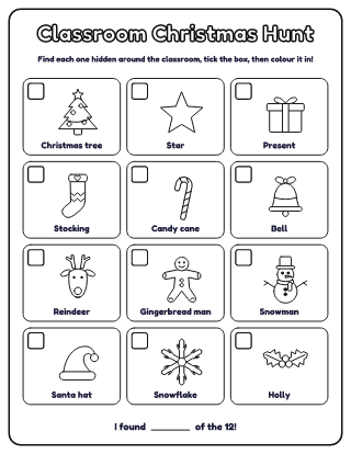Classroom Christmas Scavenger Hunt: 12 Things to Find coloring page