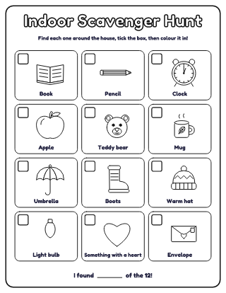 Indoor Scavenger Hunt: 12 Things to Find coloring page